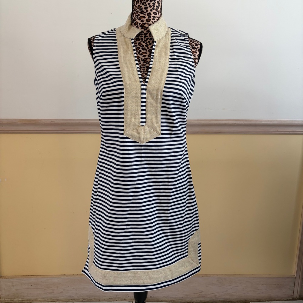 Sail to Sable Navy Wmn White Striped Shift Dress Gold Trim Nautical Coastal Sz M